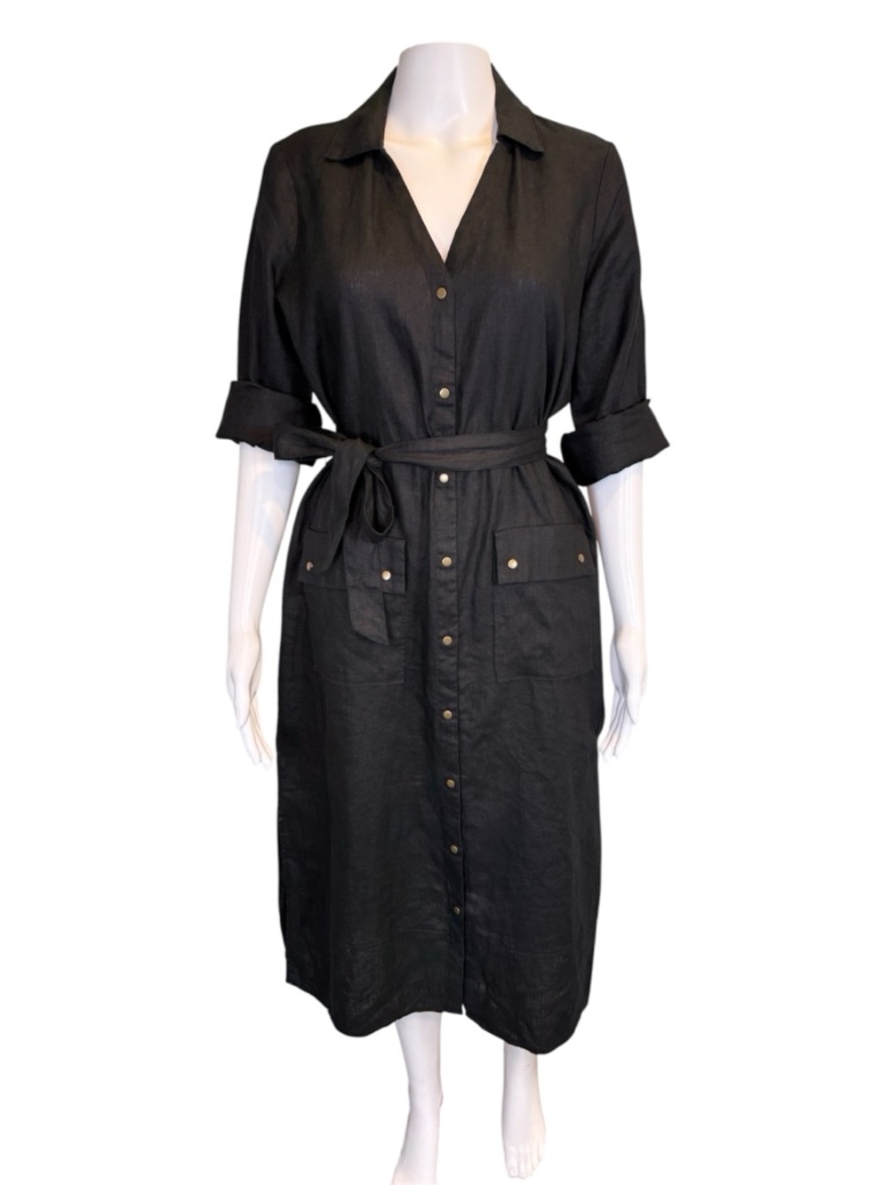 NWT Saks Fifth Avenue 100% Linen Dress Small Black Midi Button Down Tie Waist